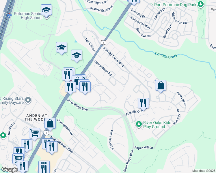 map of restaurants, bars, coffee shops, grocery stores, and more near 3008 Chinkapin Oak Lane in Woodbridge