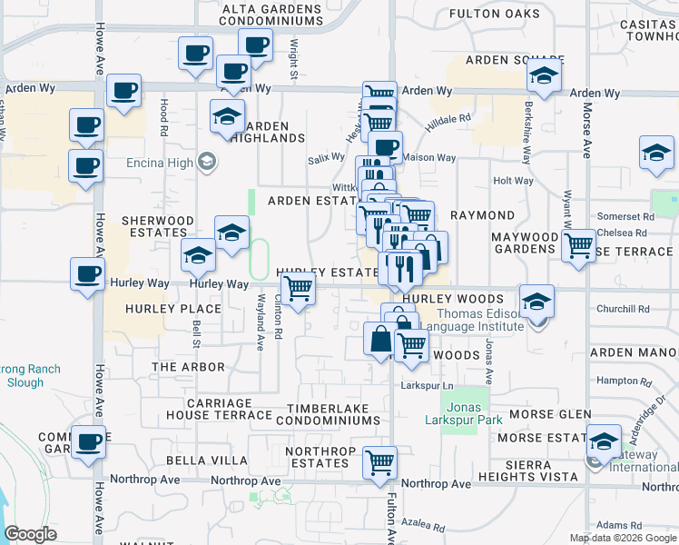 map of restaurants, bars, coffee shops, grocery stores, and more near 1310 Oak Terrace Court in Sacramento
