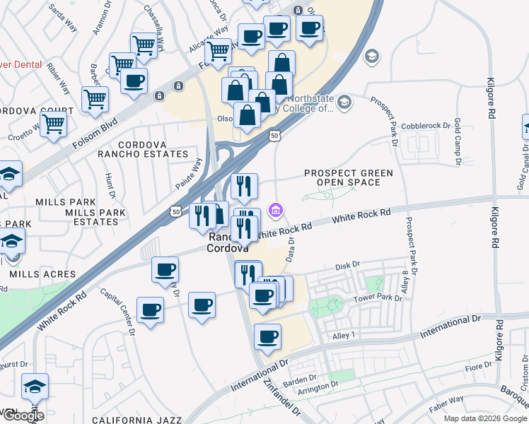 map of restaurants, bars, coffee shops, grocery stores, and more near 2729 Prospect Park Drive in Rancho Cordova