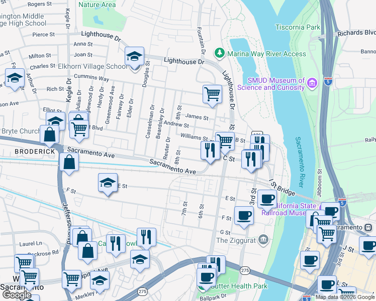 map of restaurants, bars, coffee shops, grocery stores, and more near 652 California Street in West Sacramento