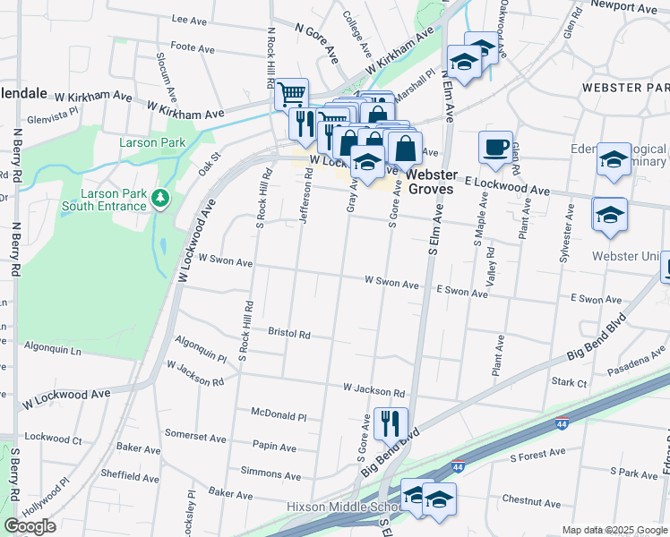 map of restaurants, bars, coffee shops, grocery stores, and more near 156 Gray Avenue in Webster Groves