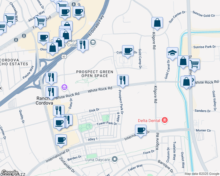 map of restaurants, bars, coffee shops, grocery stores, and more near 11000 White Rock Road in Rancho Cordova