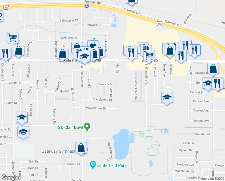 map of restaurants, bars, coffee shops, grocery stores, and more near 22 Faith Drive in Fairview Heights