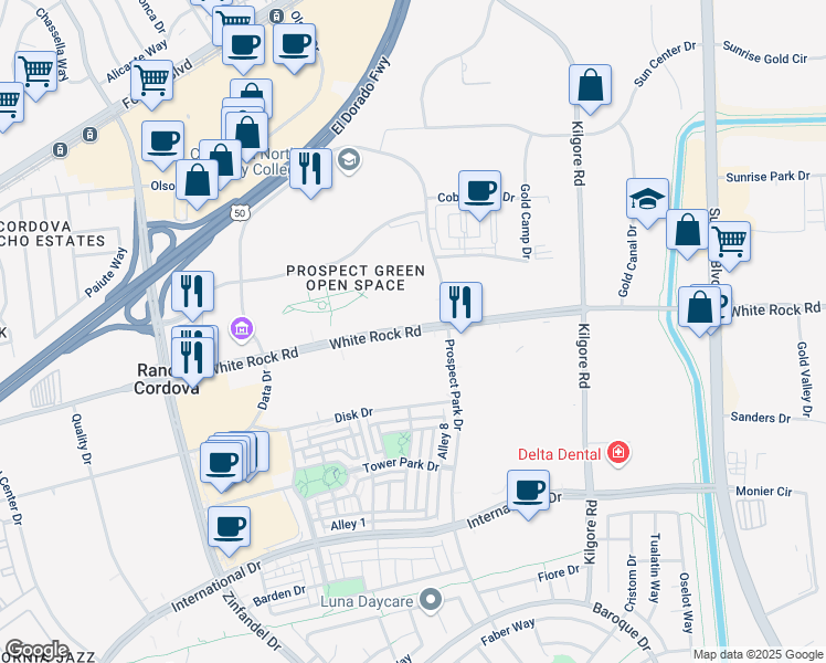 map of restaurants, bars, coffee shops, grocery stores, and more near 11010-11034 White Rock Rd in Rancho Cordova