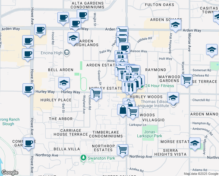 map of restaurants, bars, coffee shops, grocery stores, and more near 1300 Oak Terrace Court in Sacramento