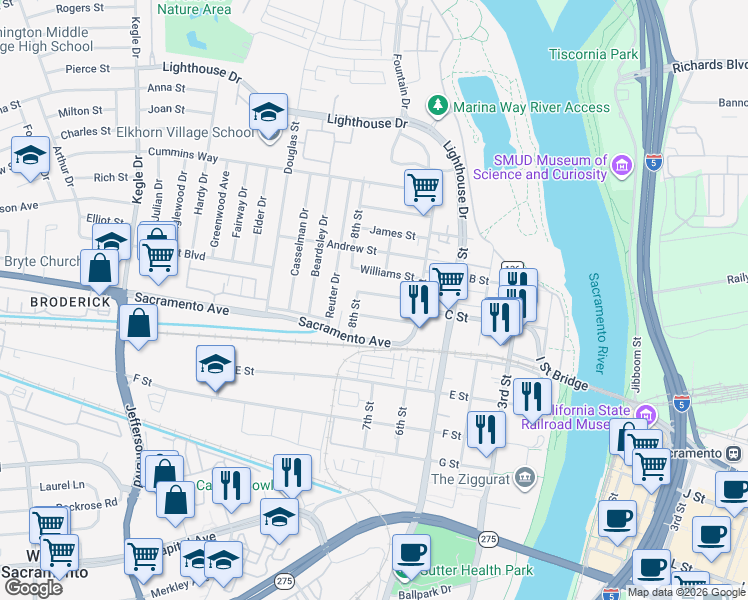 map of restaurants, bars, coffee shops, grocery stores, and more near 652 California Street in West Sacramento