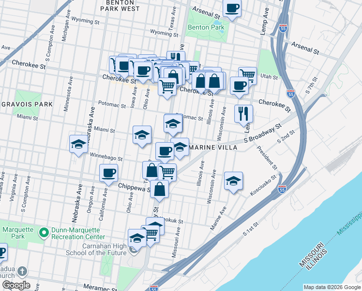 map of restaurants, bars, coffee shops, grocery stores, and more near 3614 Indiana Avenue in St. Louis