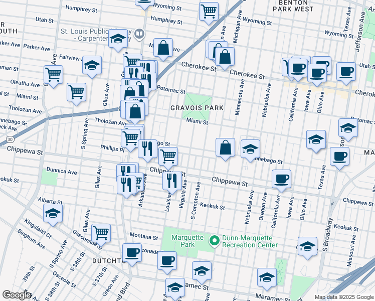 map of restaurants, bars, coffee shops, grocery stores, and more near 3718 Louisiana Avenue in St. Louis
