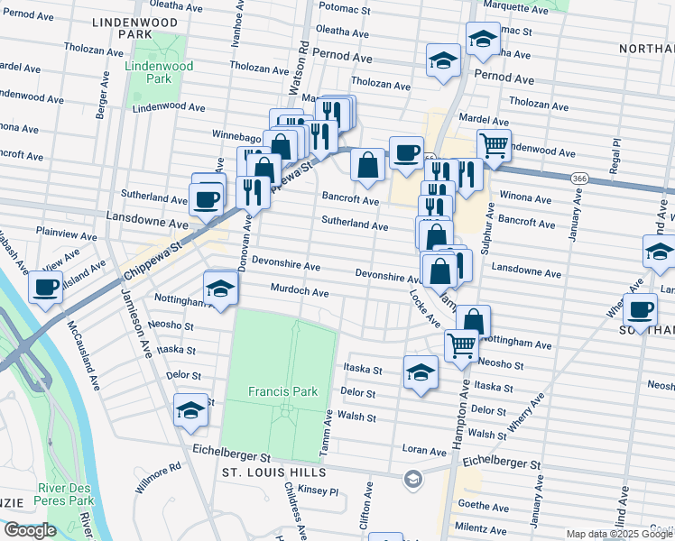 map of restaurants, bars, coffee shops, grocery stores, and more near 6328 Devonshire Avenue in St. Louis