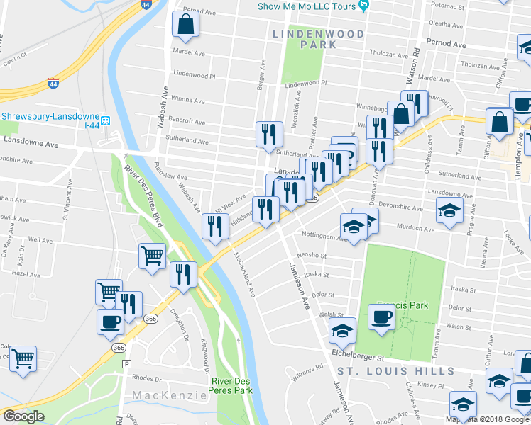 map of restaurants, bars, coffee shops, grocery stores, and more near 6932 Hillsland Avenue in St. Louis
