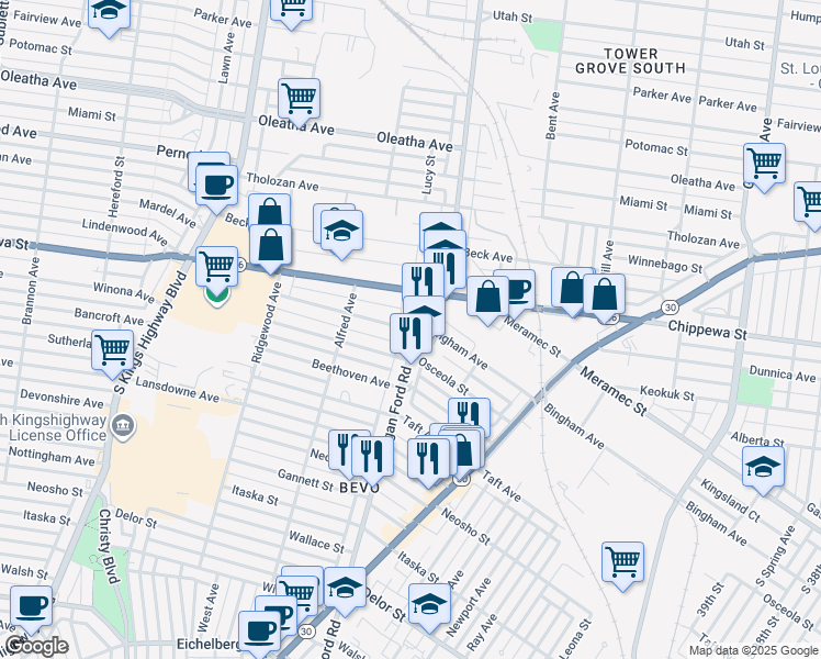 map of restaurants, bars, coffee shops, grocery stores, and more near 4315 Morganford Road in St. Louis