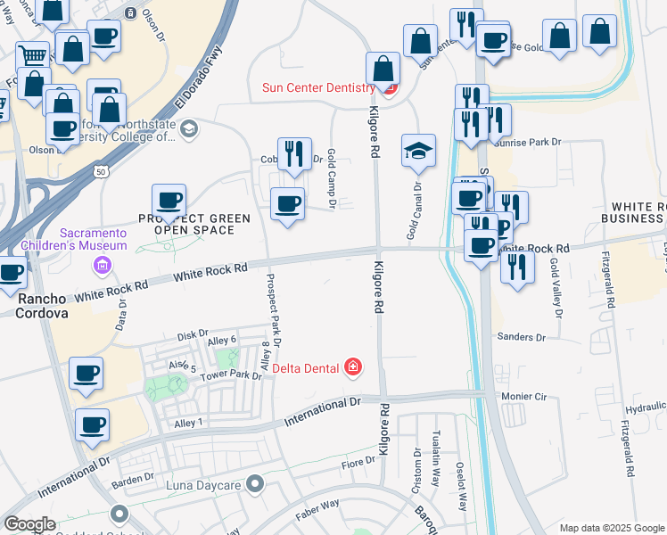 map of restaurants, bars, coffee shops, grocery stores, and more near 11080 White Rock Road in Rancho Cordova