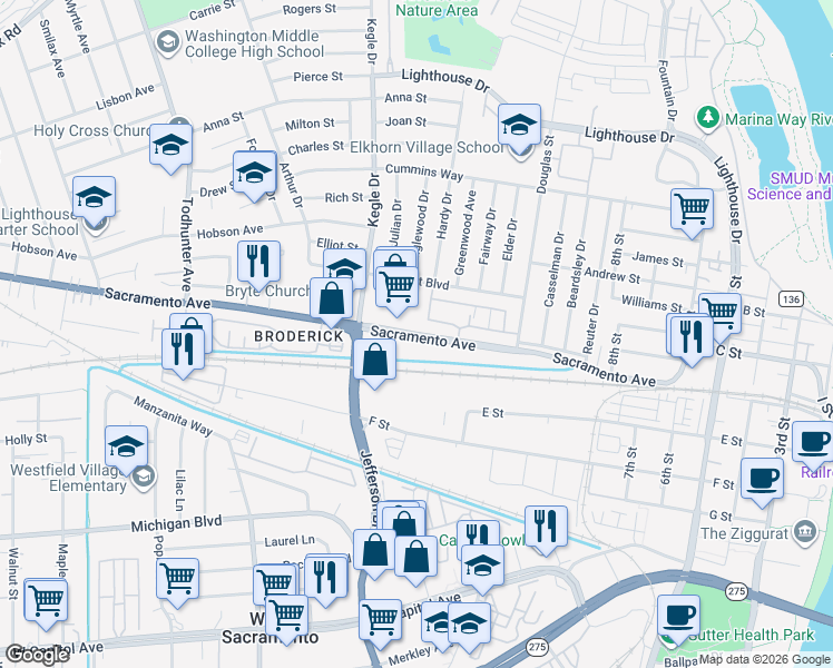map of restaurants, bars, coffee shops, grocery stores, and more near 977 Sacramento Avenue in West Sacramento