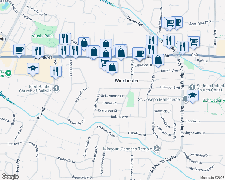 map of restaurants, bars, coffee shops, grocery stores, and more near 38 Hillcrest Boulevard in Ballwin