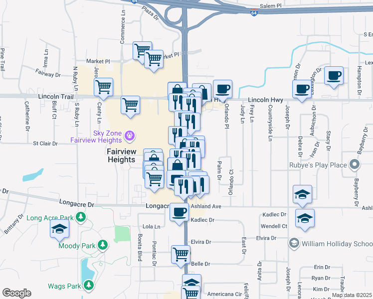 map of restaurants, bars, coffee shops, grocery stores, and more near 6157 North Illinois Street in Fairview Heights