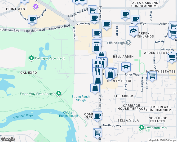 map of restaurants, bars, coffee shops, grocery stores, and more near 2101 Hurley Way in Sacramento