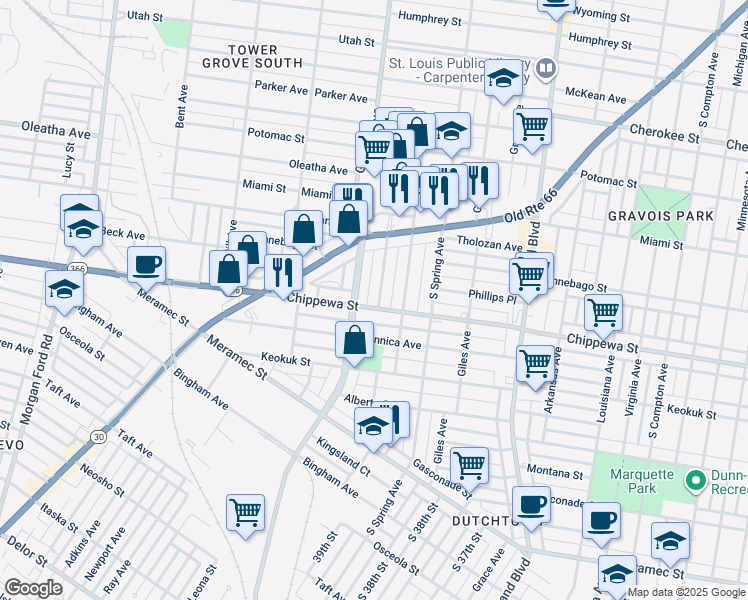 map of restaurants, bars, coffee shops, grocery stores, and more near 3737 Hydraulic Avenue in St. Louis