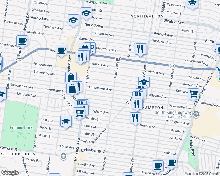 map of restaurants, bars, coffee shops, grocery stores, and more near 5584 Lansdowne Avenue in St. Louis