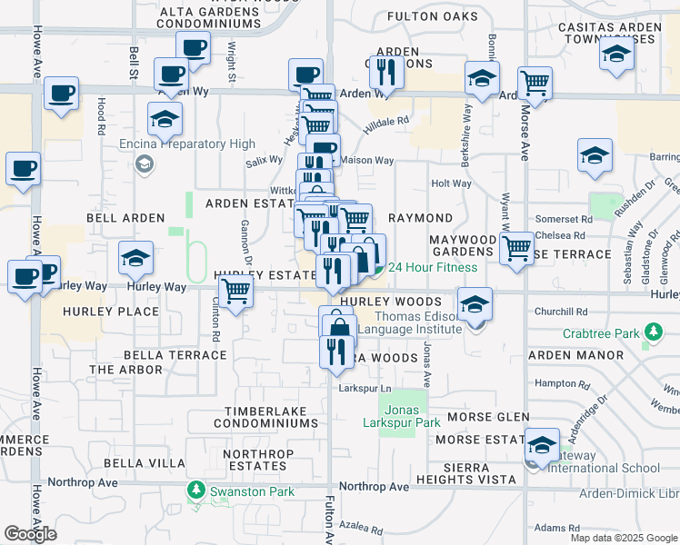 map of restaurants, bars, coffee shops, grocery stores, and more near 1300 Fulton Avenue in Sacramento