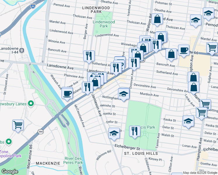map of restaurants, bars, coffee shops, grocery stores, and more near 6630 Devonshire Avenue in St. Louis