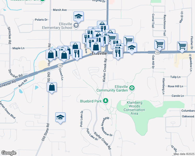 map of restaurants, bars, coffee shops, grocery stores, and more near 1306 Parkview Estates Drive in Ellisville