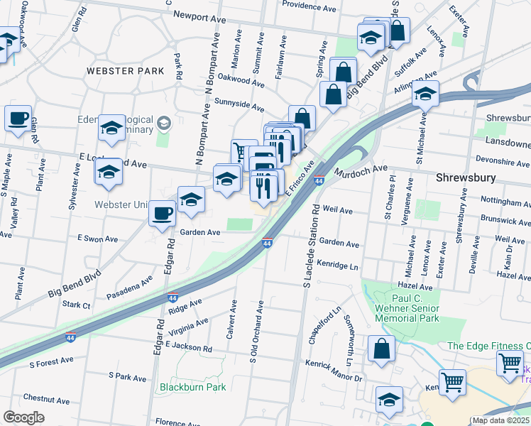 map of restaurants, bars, coffee shops, grocery stores, and more near 45 South Old Orchard Avenue in Webster Groves