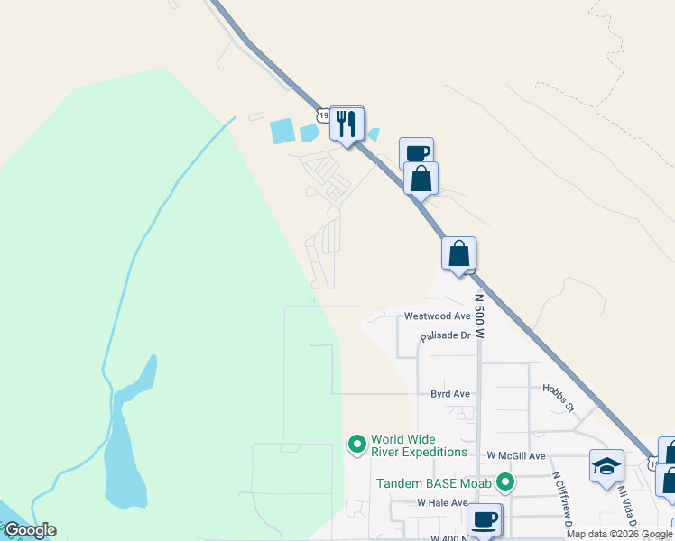 map of restaurants, bars, coffee shops, grocery stores, and more near Rubicon Trail in Moab