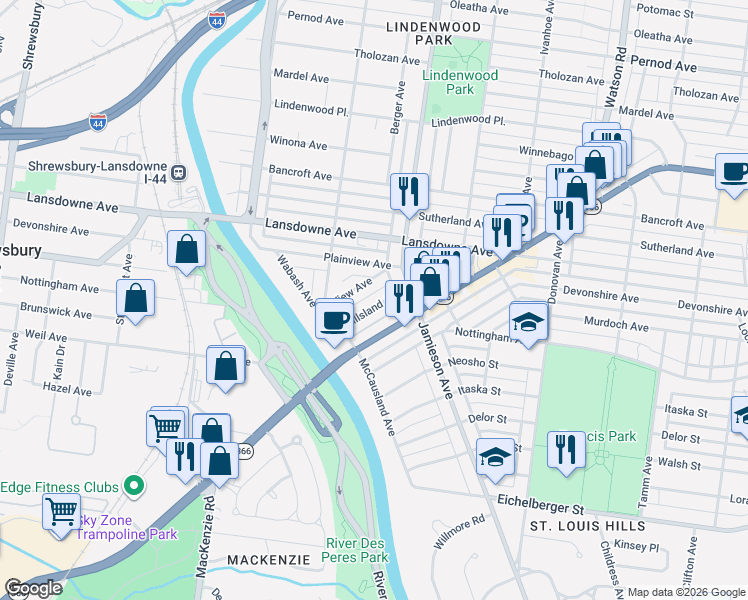 map of restaurants, bars, coffee shops, grocery stores, and more near 6932 Hillsland Avenue in St. Louis