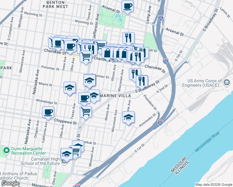 map of restaurants, bars, coffee shops, grocery stores, and more near in St. Louis