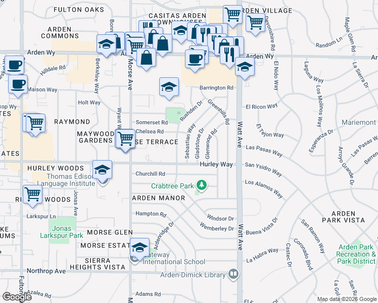 map of restaurants, bars, coffee shops, grocery stores, and more near 1305 Sebastian Way in Sacramento