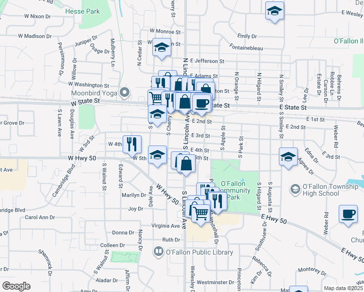 map of restaurants, bars, coffee shops, grocery stores, and more near 111 West 4th Street in O'Fallon