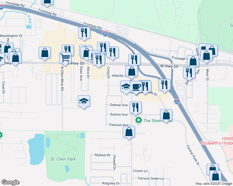 map of restaurants, bars, coffee shops, grocery stores, and more near 111a School Street in O'Fallon
