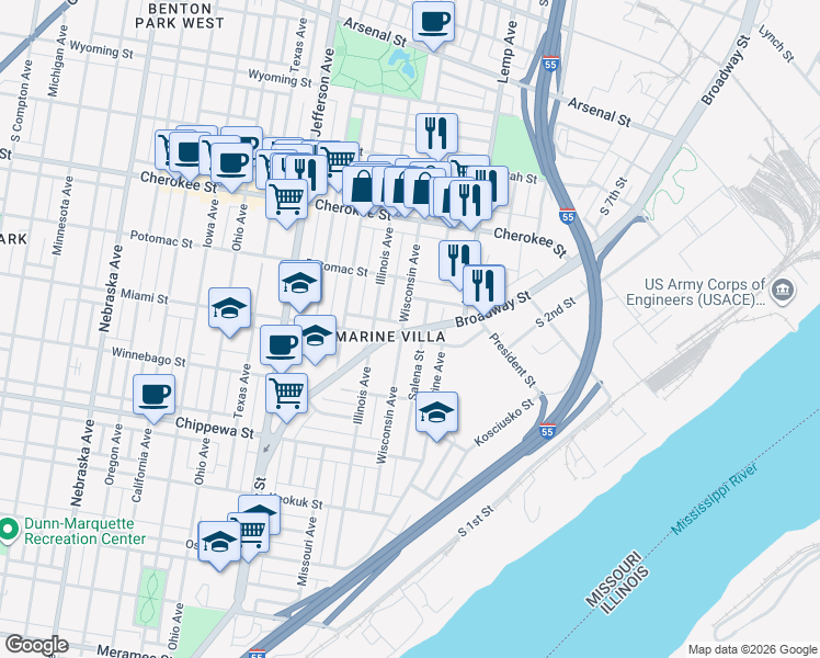 map of restaurants, bars, coffee shops, grocery stores, and more near in St. Louis