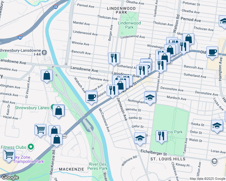 map of restaurants, bars, coffee shops, grocery stores, and more near in St. Louis
