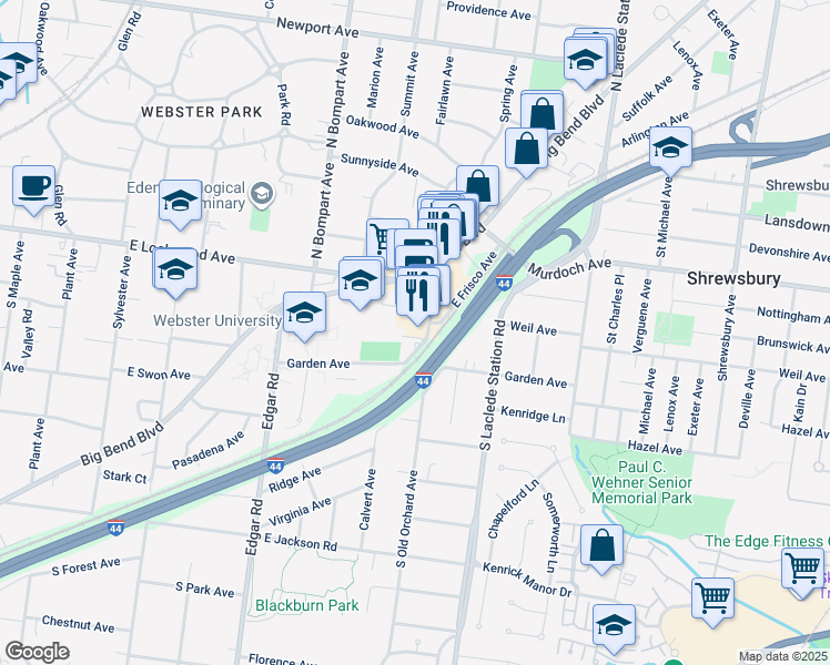 map of restaurants, bars, coffee shops, grocery stores, and more near 45 South Old Orchard Avenue in Webster Groves