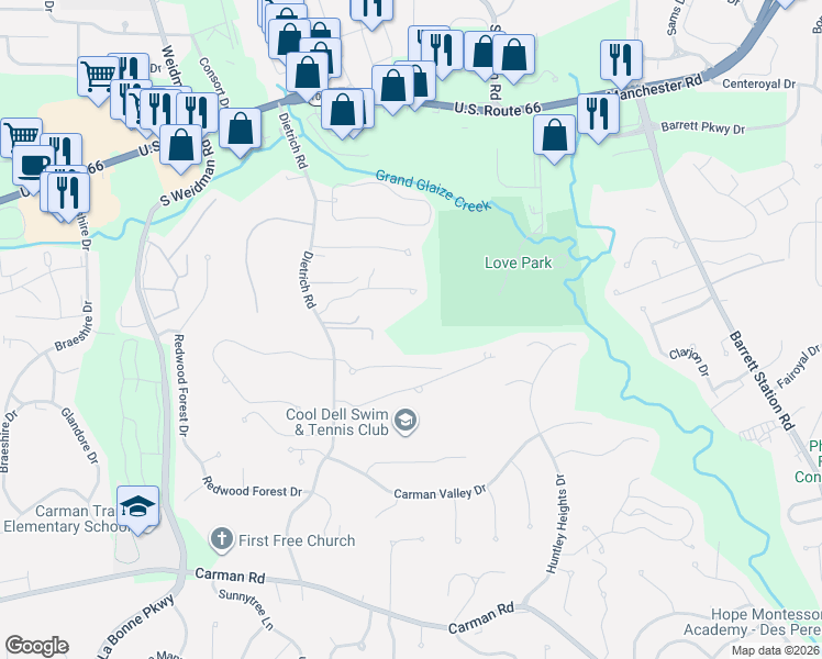map of restaurants, bars, coffee shops, grocery stores, and more near 262 Dietrich Road in Ballwin