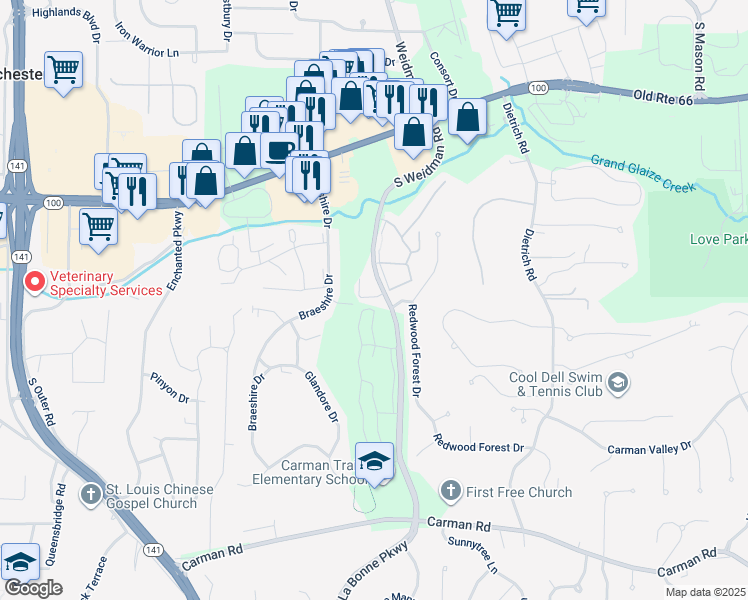 map of restaurants, bars, coffee shops, grocery stores, and more near 350 Point Return Drive in Ballwin