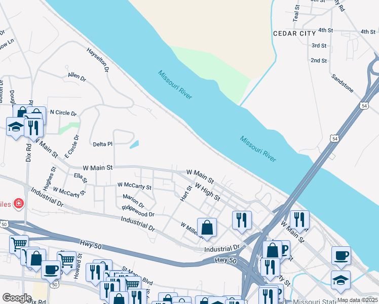 map of restaurants, bars, coffee shops, grocery stores, and more near 1306 West Main Street in Jefferson City