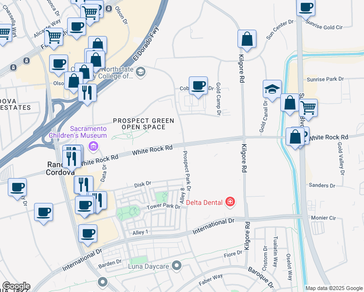 map of restaurants, bars, coffee shops, grocery stores, and more near 11030 White Rock Road in Rancho Cordova