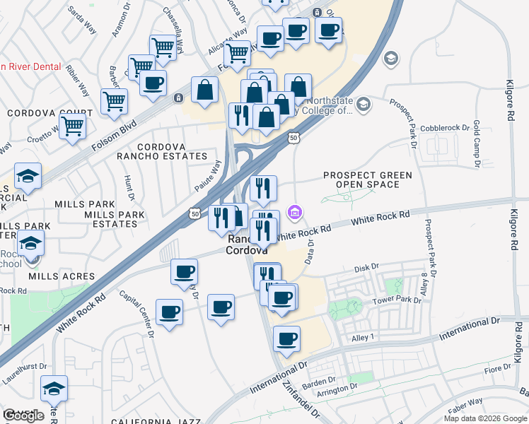 map of restaurants, bars, coffee shops, grocery stores, and more near 10744 Gold Center Drive in Rancho Cordova