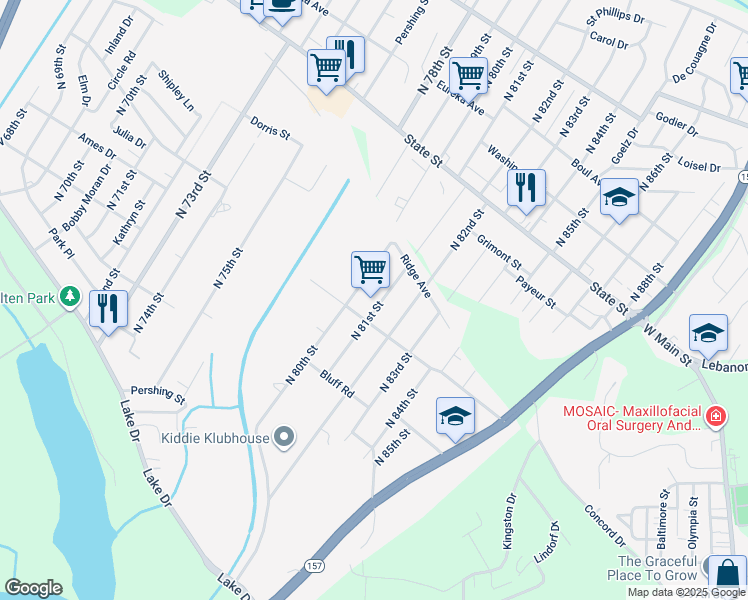 map of restaurants, bars, coffee shops, grocery stores, and more near 8005 Belleview Avenue in East St. Louis