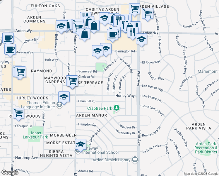 map of restaurants, bars, coffee shops, grocery stores, and more near 1305 Sebastian Way in Sacramento
