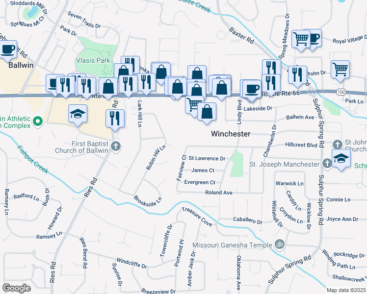 map of restaurants, bars, coffee shops, grocery stores, and more near 321 Fairview Court in Ballwin