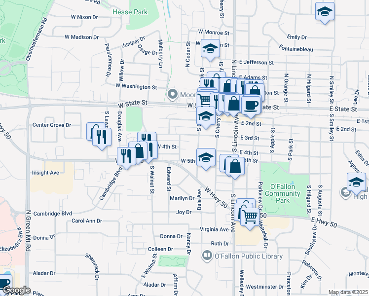 map of restaurants, bars, coffee shops, grocery stores, and more near 4 Hickory Court in O'Fallon