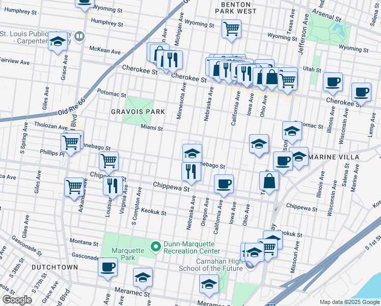 map of restaurants, bars, coffee shops, grocery stores, and more near 3642 Pennsylvania Avenue in St. Louis