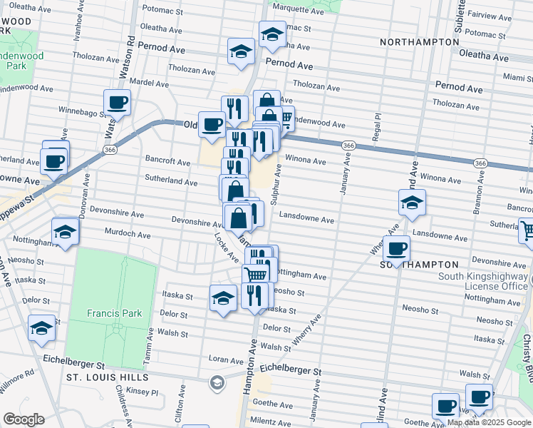 map of restaurants, bars, coffee shops, grocery stores, and more near 5809 Devonshire Avenue in St. Louis