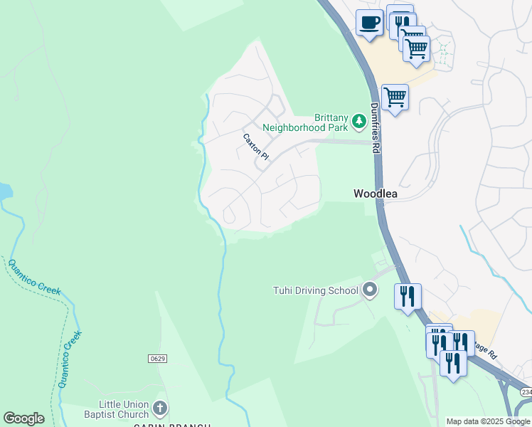 map of restaurants, bars, coffee shops, grocery stores, and more near 16723 Tintagel Court in Dumfries