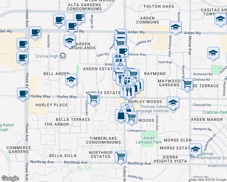 map of restaurants, bars, coffee shops, grocery stores, and more near 2501 Hurley Way in Sacramento