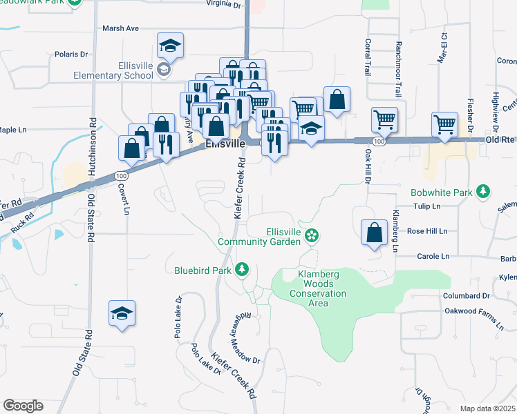 map of restaurants, bars, coffee shops, grocery stores, and more near 141 Carmel Woods Drive in Ellisville