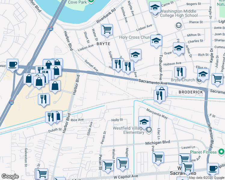 map of restaurants, bars, coffee shops, grocery stores, and more near 1633 Citrus Street in West Sacramento